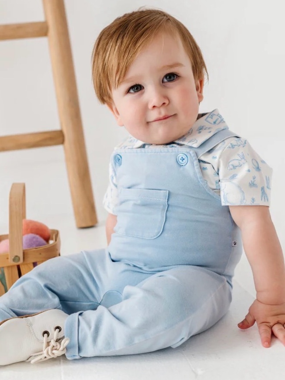 Blue Bunny Toile Distressed Overall Set